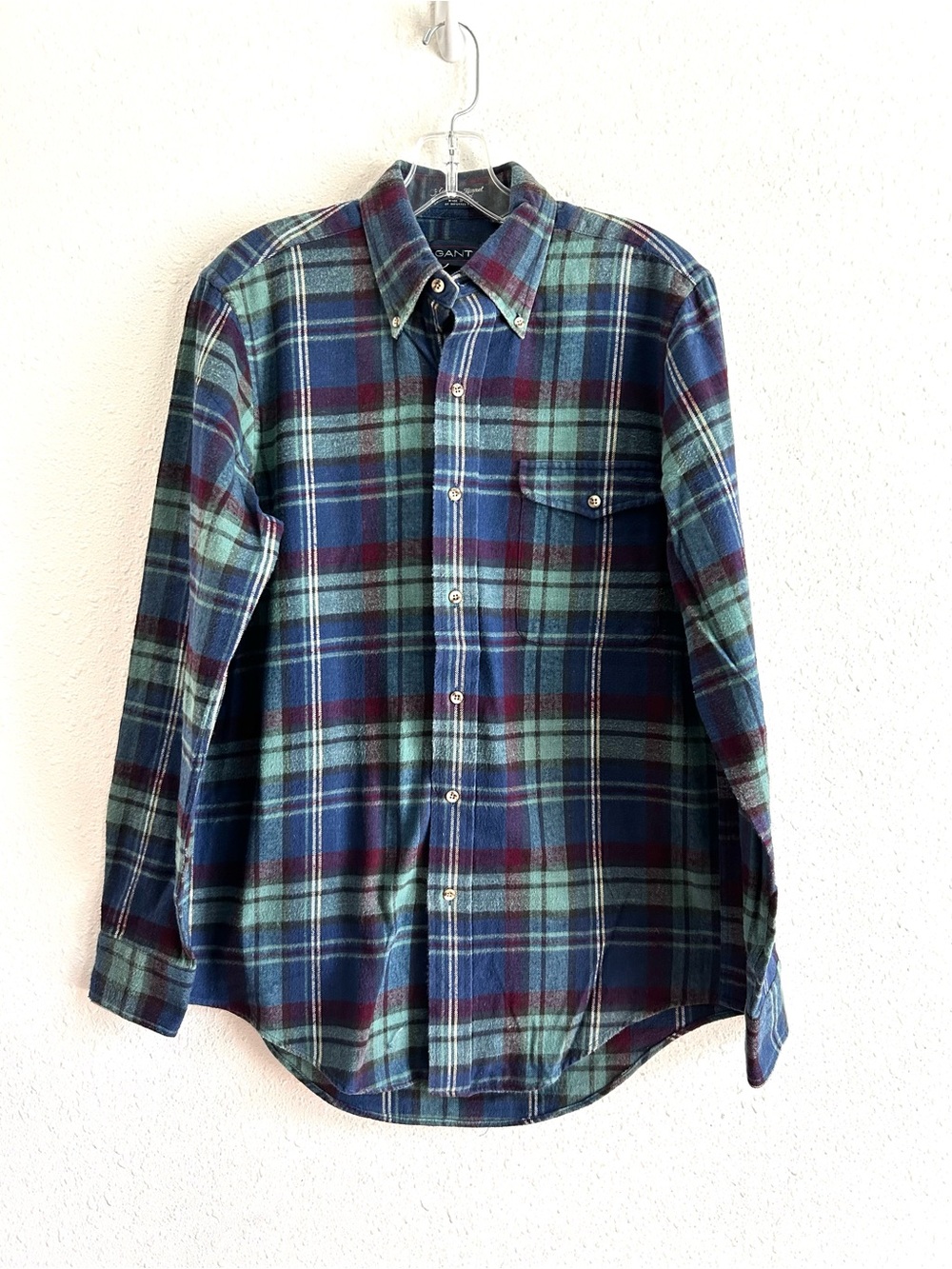 Vintage Gant Flannel Shirt Men's Small Green Blue Plaid Cotton Cambridge